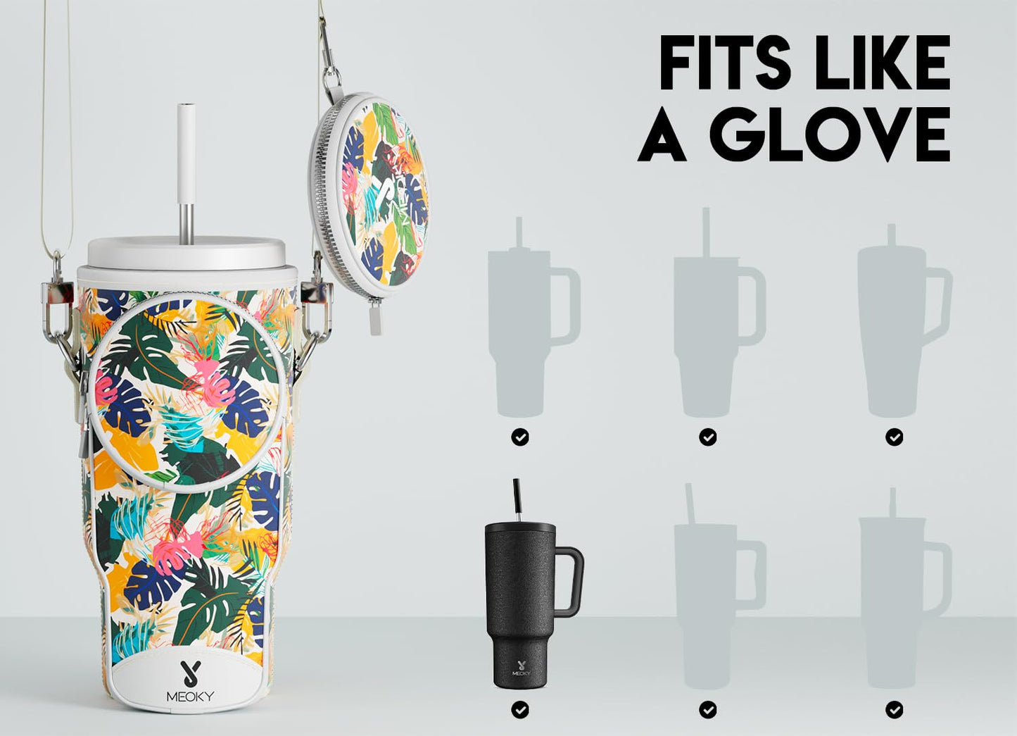 Meoky Water Bottle Carrier Bag with Phone Pocket for 40 oz Tumbler with Handle, Neoprene Water Bottle Holder Pouch with Adjustable Strap, 2 Carabiner Clips (Leaf)
