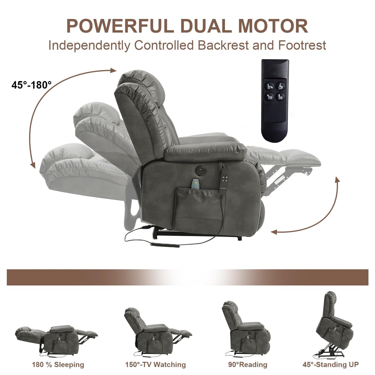 MEROUS Dual Motor Large Power Lift Recliner Chair for Elderly with Heat and Massage,Lay Flat Lift Chairs Recliners for Seniors Infinite Position,USB Port&Remote,Genuine Leather(Silver Grey)