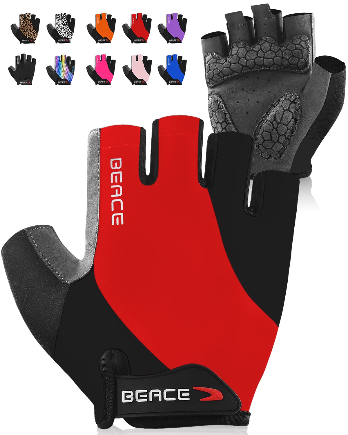 BEACE Cycling Gloves Bike Gloves Biking Gloves Half Finger MTB Road Bicycle Gloves for Men and Women-Breathable Anti-Slip Shock-Absorbing Pad Motorcycle Mountain Bike Gloves (Red, L)