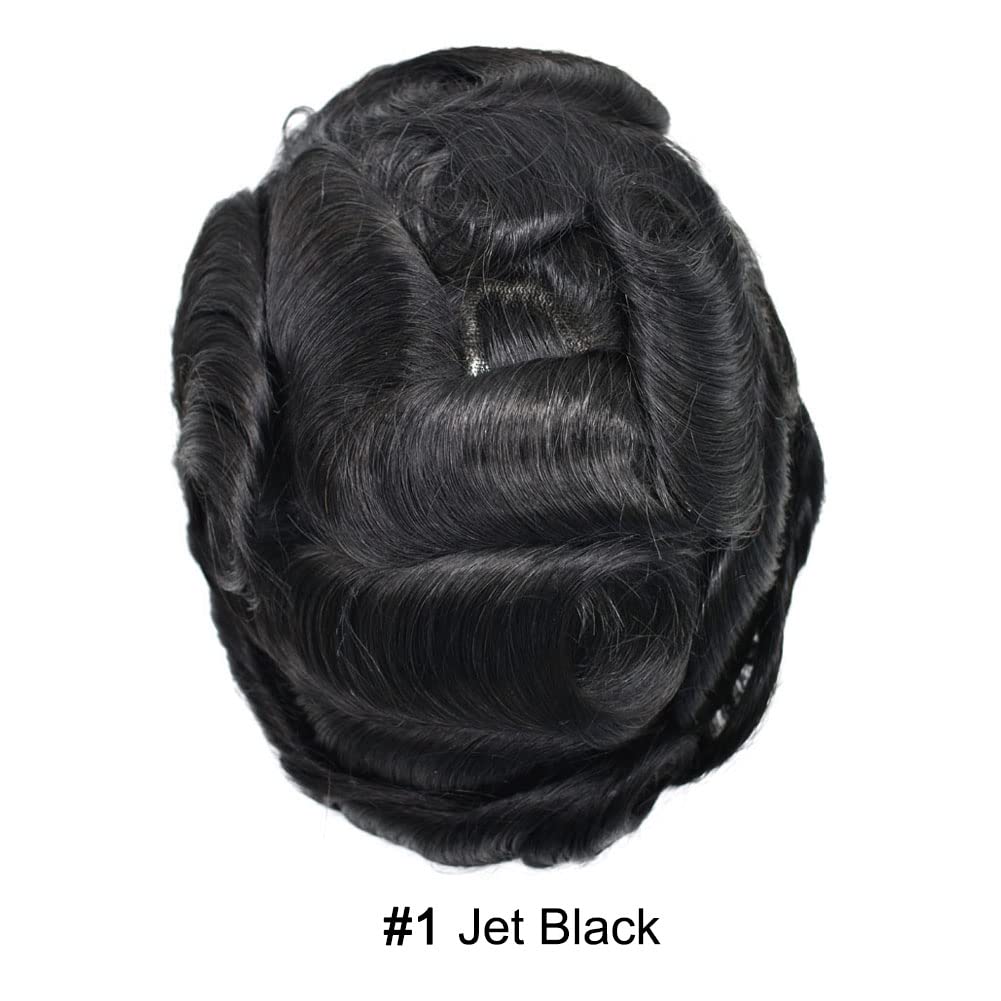 All Poly Toupee for Men Hairpieces Human Hair Replacement System 0.1mm PU Injected Mens Toupee Human Hair Natural Toupee Hair for Men 8X10,#1 Jet Black