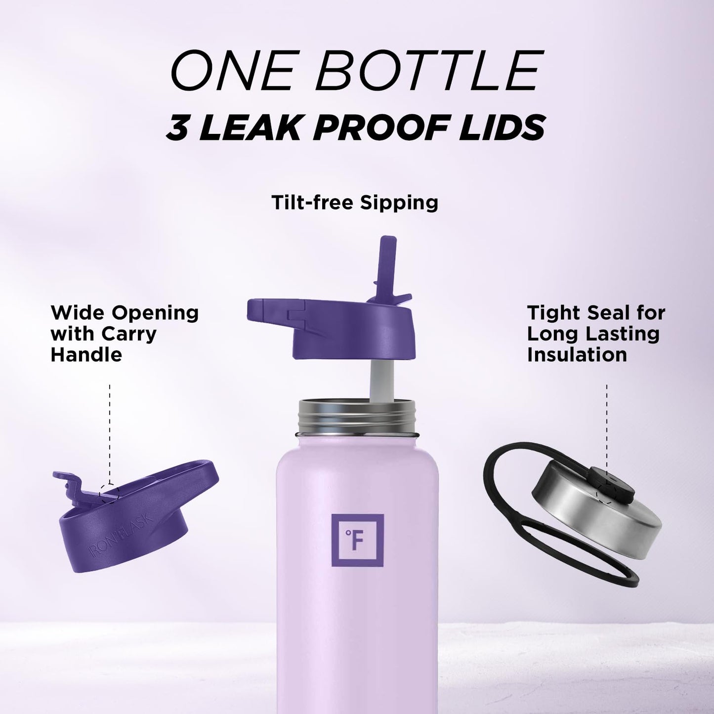 IRON °FLASK Camping & Hiking Hydration Flask, Wide Mouth, 3 Straw Lids, Stainless Steel Outdoor Water Bottle, Double Walled, Insulated Thermos, Metal Canteen - Lavender Bliss, 40 Oz