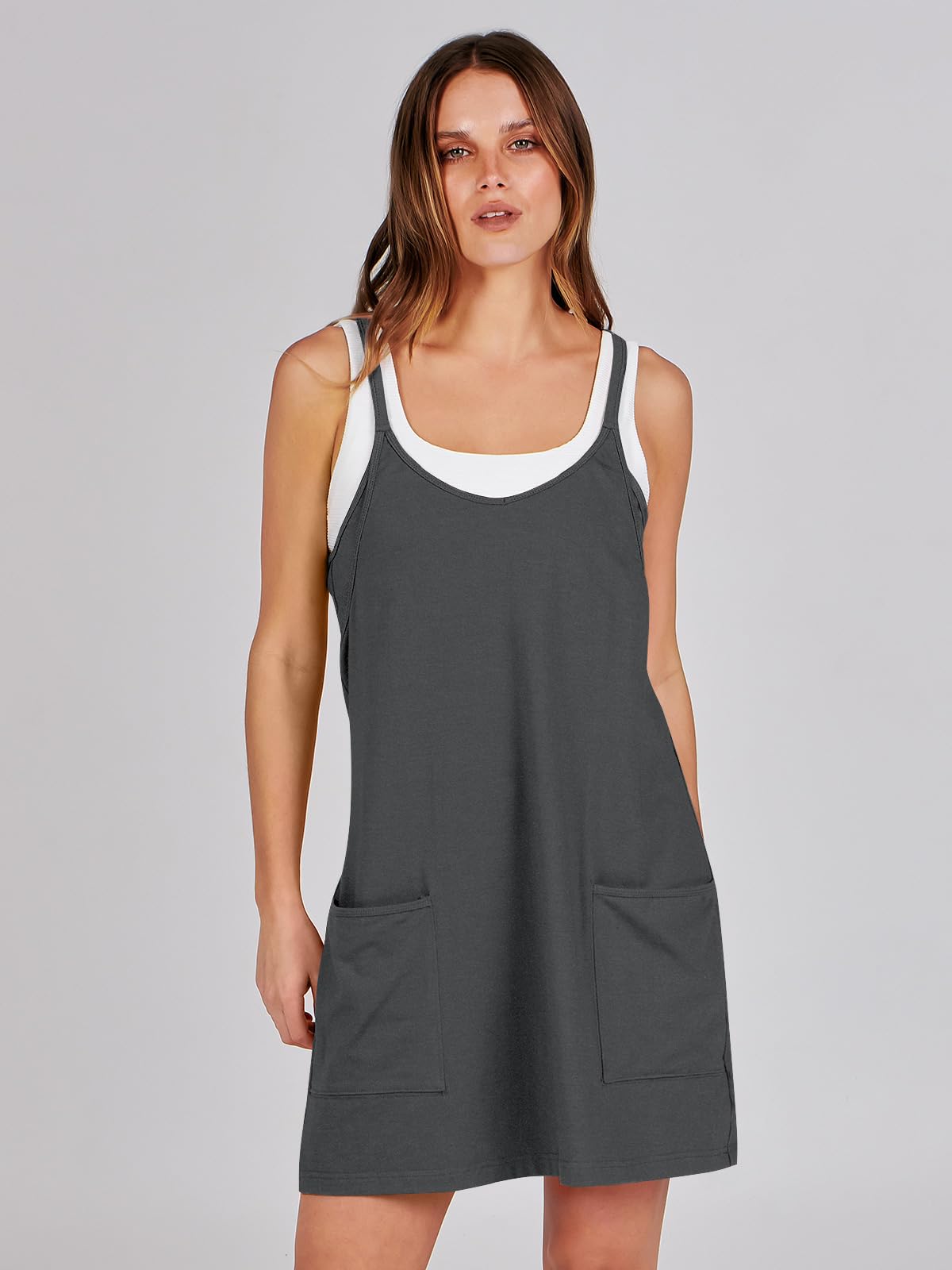 ANRABESS Women Summer Mini Romper Dress Workout Tennis Active Sports Athleisure Outfits Built in Shorts Trendy Vacation Gray X-Smal