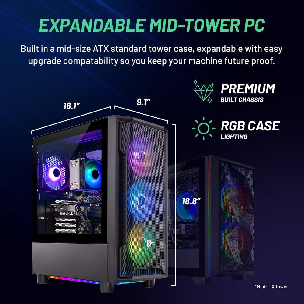 Skytech Shadow Gaming PC Desktop, Ryzen 7 7700 3.8 GHz (5.3GHz Turbo Boost), NVIDIA RTX 4060 8GB GDDR6, 1TB SSD, 16GB DDR5 RAM 5200, 650W Gold PSU, Wi-Fi, Win 11 Home