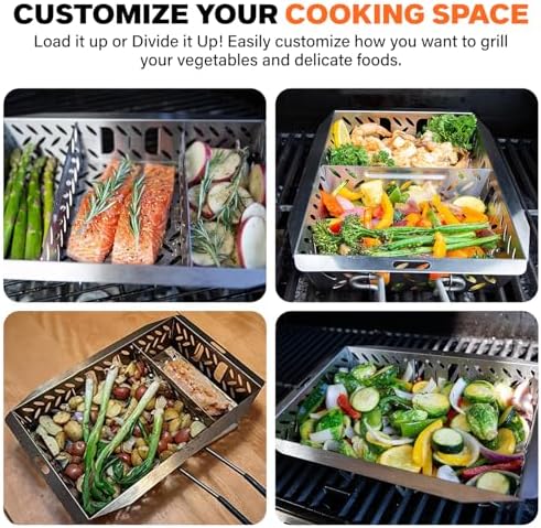 Proud Grill UltraVersatile Stainless Steel Grill Basket - Large BBQ Griddle basket for Outdoor Grill Vegetables - Meat - Fish Grill Basket with Detachable Handle & Movable Dividers