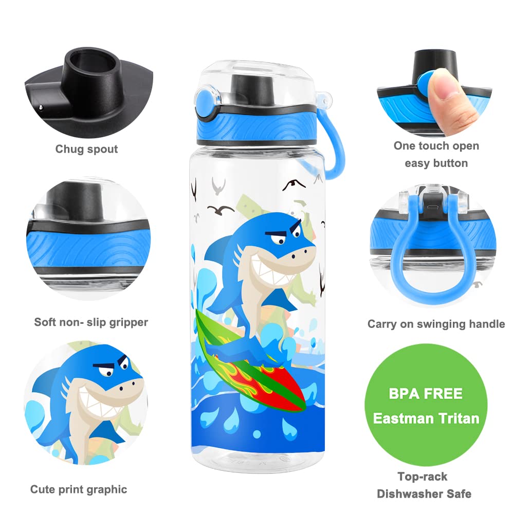 Cute Water Bottle for School Kids Girls, BPA FREE Tritan & Leak Proof & Easy Clean & Carry Handle, 23oz/ 680ml - Shark