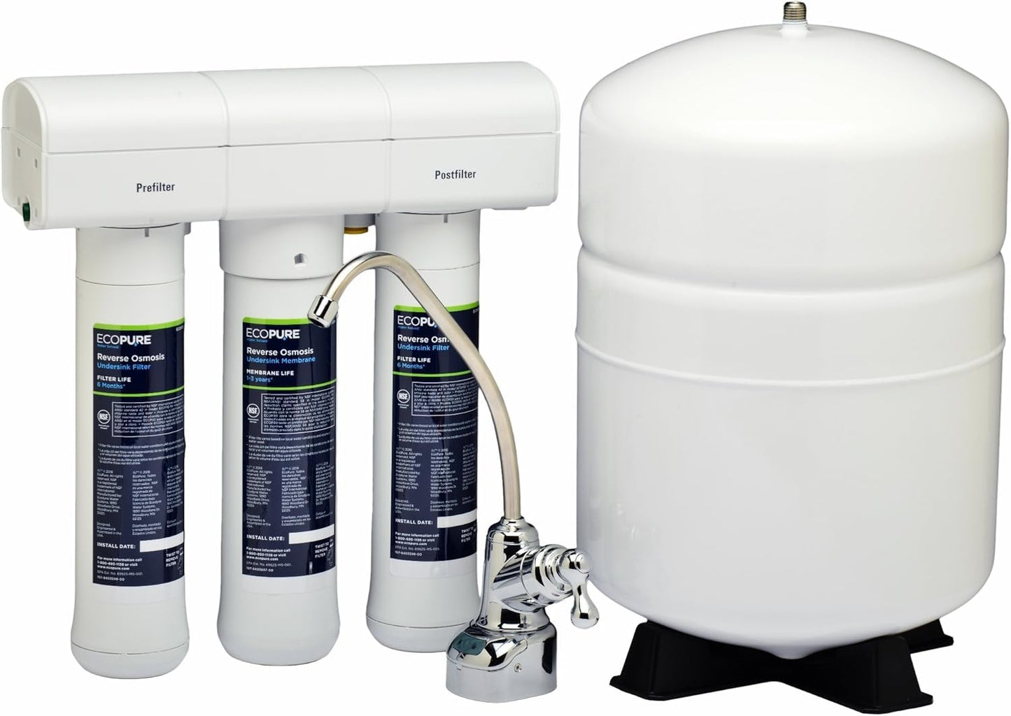 EcoPure Reverse Osmosis Filter and Membrane Set - Includes Membrane ECOROM and Pre/Post Filter Set ECOROF - Includes Reminder Tag - NSF Certified Authentic OEM Parts for ECOP30 RO Unit
