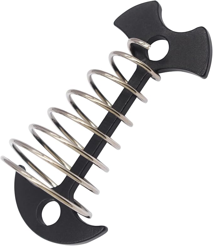 8 pcs Aluminium Alloy 3 inch Fishbone Tent Stakes Deck Anchor Pegs with Spring Rope Buckle Hook Cord Adjuster Tensioner Kit for Camping on Wood Platform Black