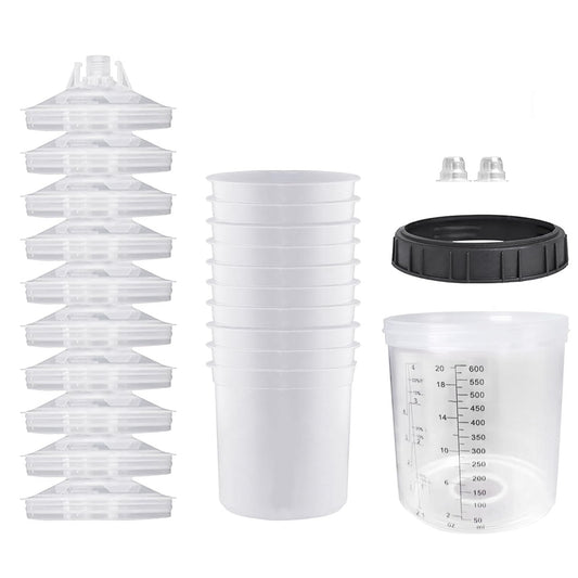 Disposable Spray Paint Gun Mixing Cups Liners and Lid System 20 Ounce (600ml) for HVLP Sprayer Gun 10 Cup Liners, 10 Lids with Strainer, 1 Hard Cup with Retainer Ring, 2 Plugs