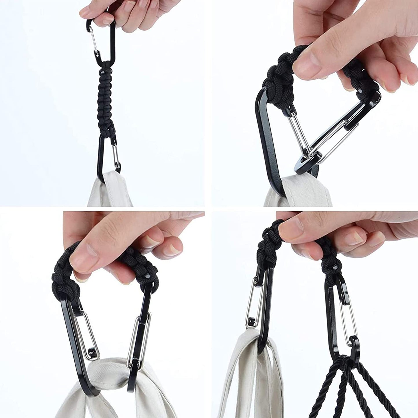 BRAVESHINE 2 Pack Black Paracord Keychain Carabiner Clips, Lanyard Hanger with Chain Hooks Heavy-Weight Stroller Hook Holder for Water Bottle, Key, Backpacks, Tools, Boys, Girls, Men, Women