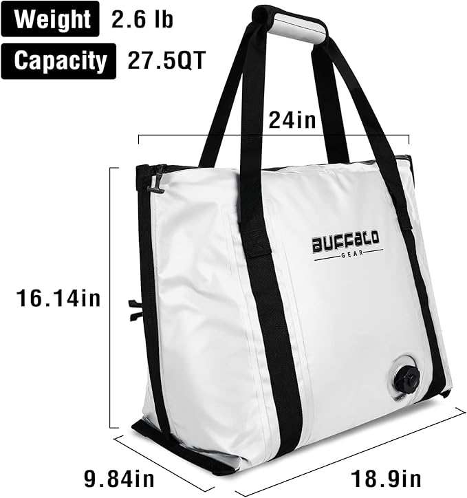 Buffalo Gear Insulated Fish Cooler - 27.5QT 58QT Waterproof Flat Bottom Bag, Leakproof and Fishing Kill Bag