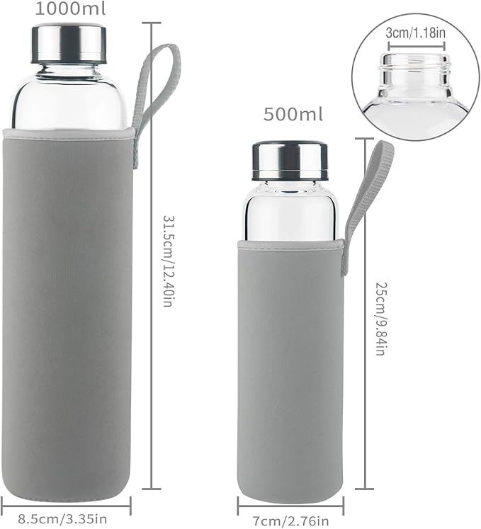 Borosilicate Glass Water Bottle, Sports Glass Drinking Bottle with Neoprene Sleeve and Stainless Steel Lid 16oz / 32oz (32oz, Forest)