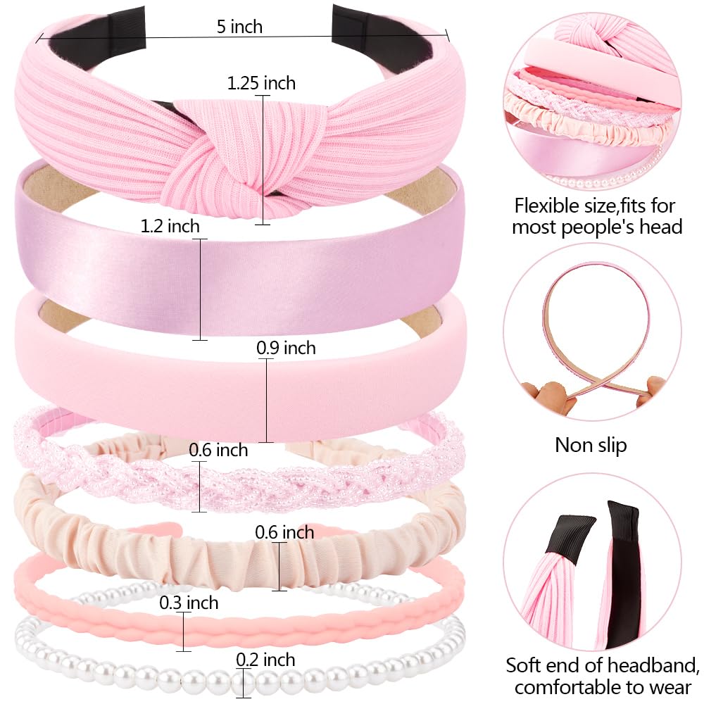 AHONEY 7 Pack Pink Headbands for Girls Women Headbands Trendy Non Slip Hairbands Cute Hair Accessories Multi-style Headband Pack Diademas Para Mujer (Pink)