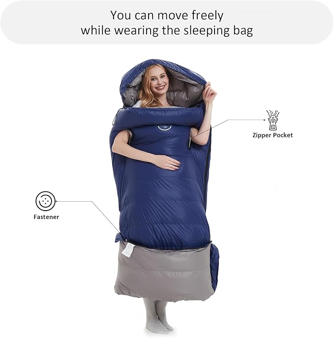 0-20 Degrees F Down Sleeping Bag for Adults - 4 Season Envelope With Arm Holes, Wearable for Backpacking Camping - Ultralight, Compact, Move Freely While Wearing