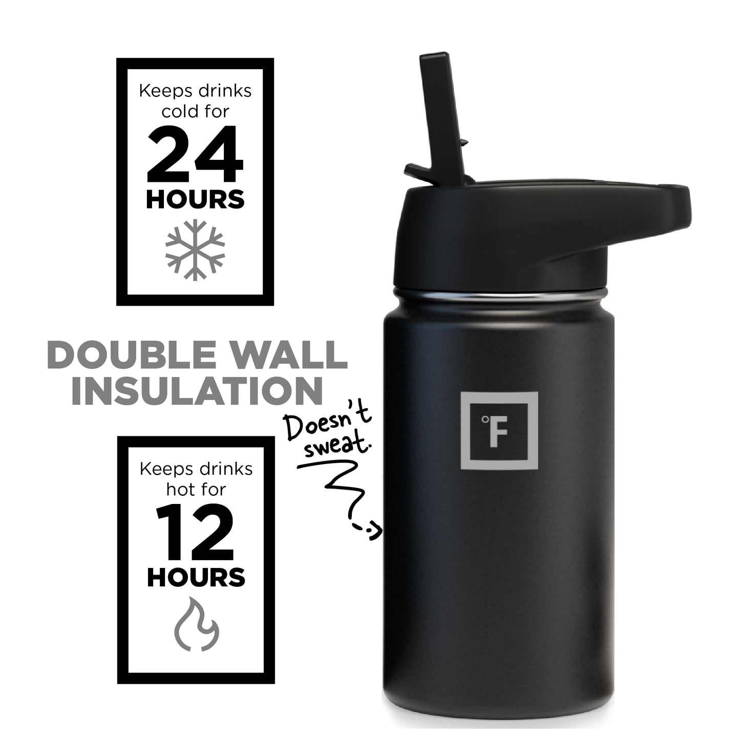 IRON °FLASK Camping & Hiking Hydration Flask, Wide Mouth, 3 Straw Lids, Stainless Steel Outdoor Water Bottle, Double Walled, Insulated Thermos, Metal Canteen - Midnight Black, 14 Oz