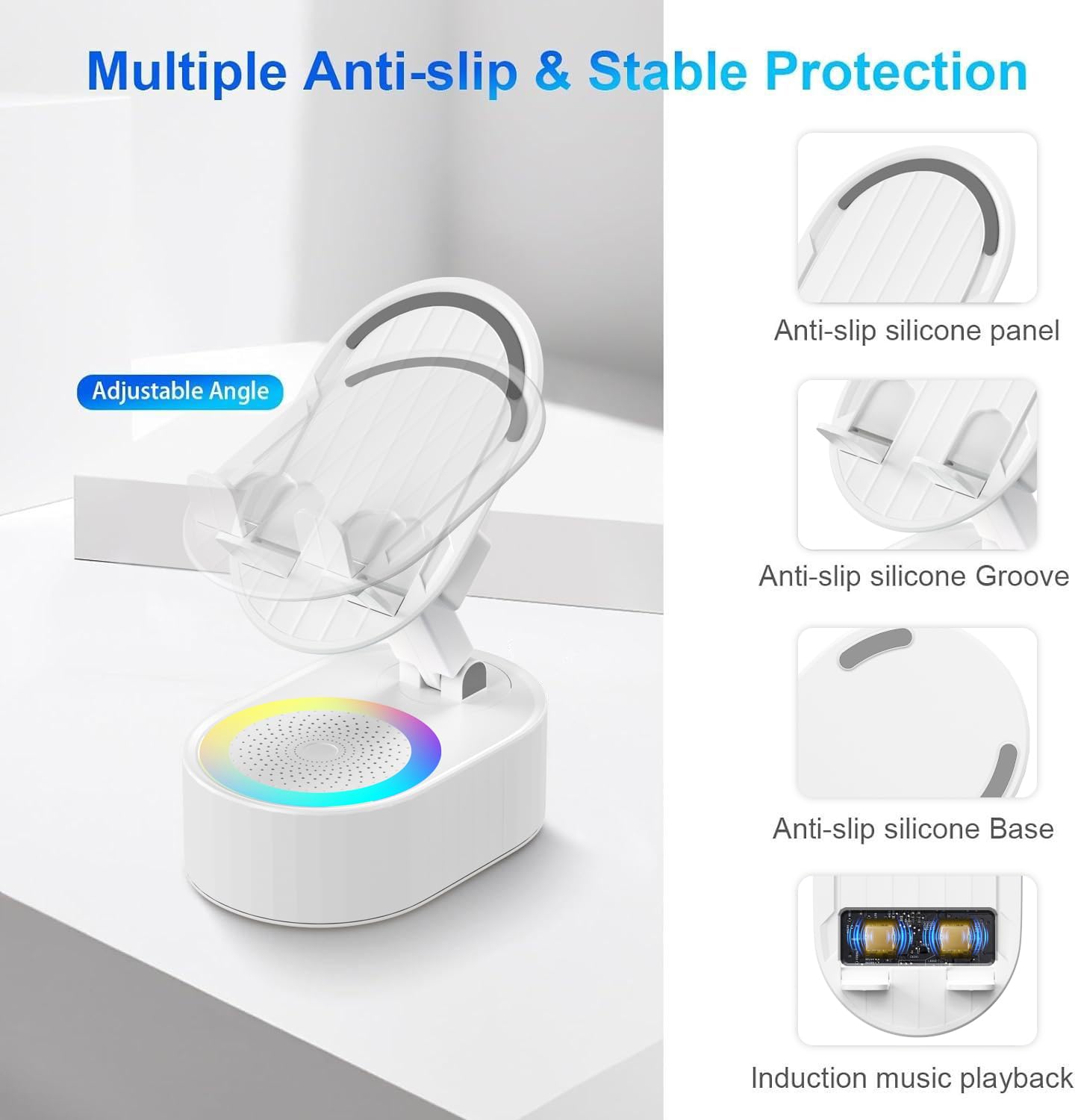AKLLCCR Wireless Induction Audio Bluetooth Speaker 5in1 Phone Holder Emergency Rechargeable (3000mAh) with Colorful Ambient Light 300° Foldable for Tablet iPhone Android, Gifts for Men Women (White)