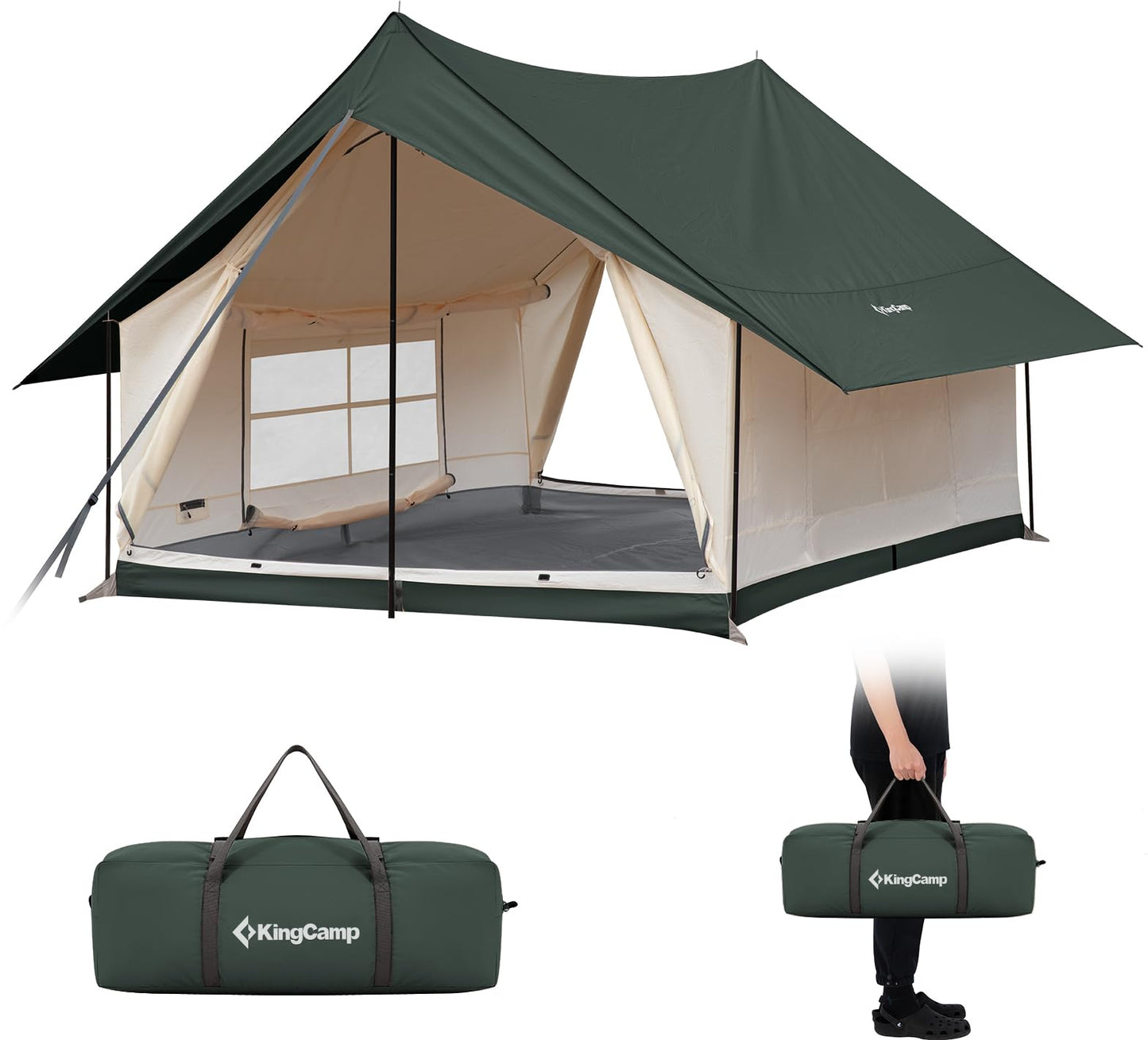 KingCamp Canvas Cabin Tent with Large Windows, Waterproof & Breathable 3/4 Season Tents, Easy Setup Glamping Tent with Carry Bag, for Camping, Picnic Olive Green