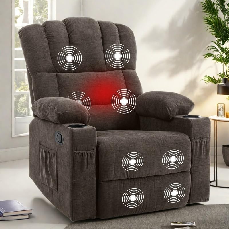 YITAHOME Manual Recliner Chair with Massage and Heat, Fabric Recliner Chair with Overstuffed Armrest, Rocking Recliner with 2 Cup Holders, USB Charge Port and Side Pocket for Living Room, Brown2