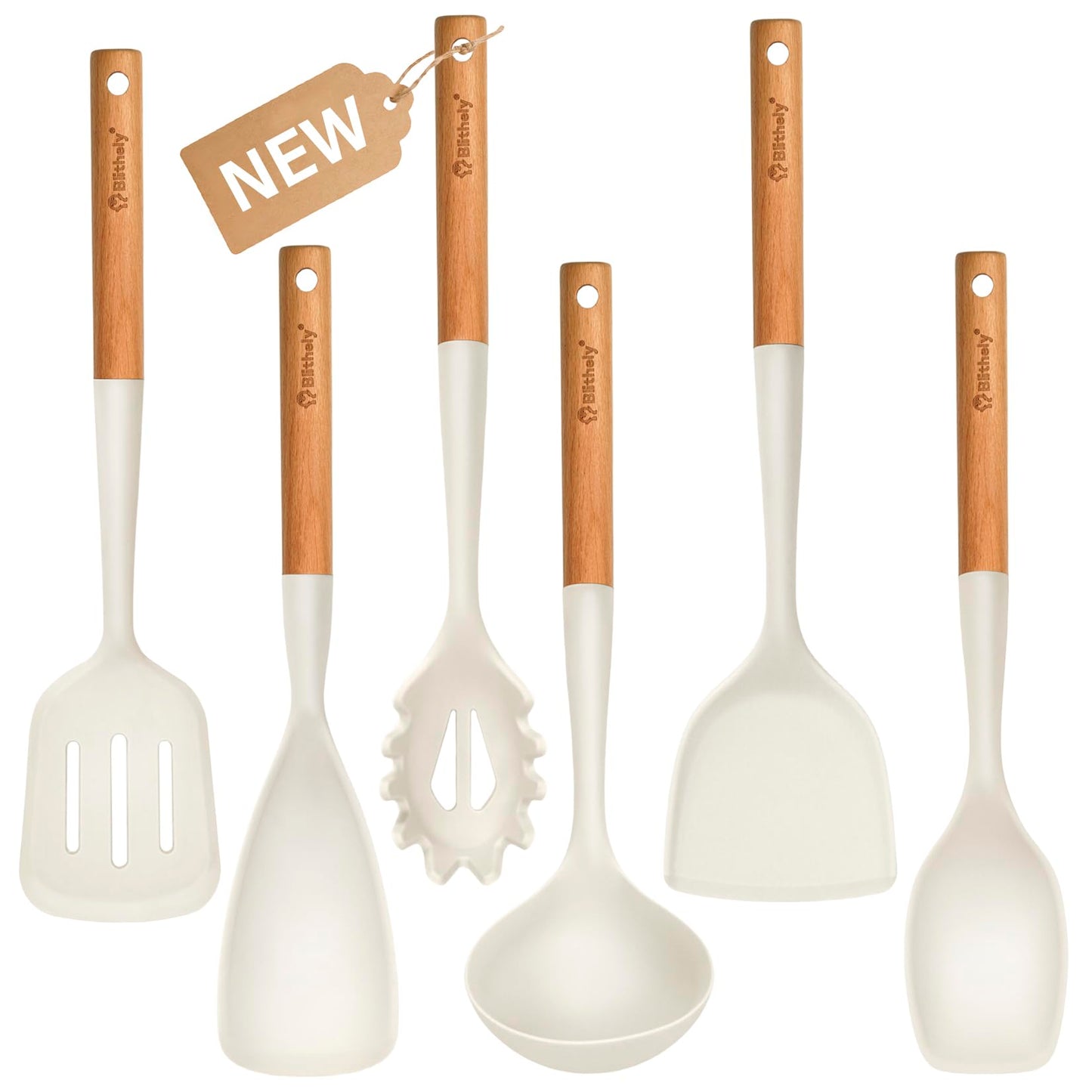 Silicone Cooking Utensils Set, 6 Pack Large Kitchen Utensils Set with Wooden Handle, Heat Resistant Silicone Utensil Spatula Set for Nonstick Cookware, Spatula, Turner, Spoon, Ladle BPA Free (White)