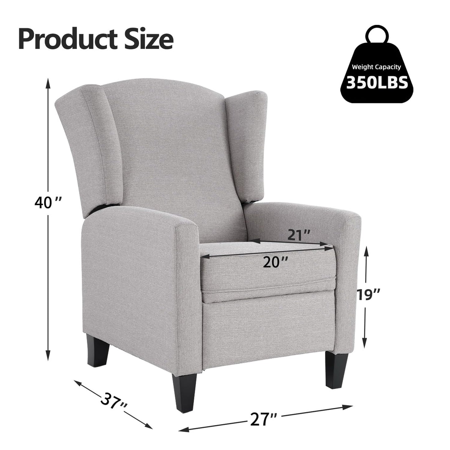 INZOY Wingback Pushback Recliner Chair Set of 2, Fabric Push Back Recliners with Padded Seat, Mid Century Modern Reclining Chair for Living Room Bedroom, Grey