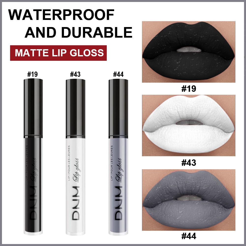 AMY'S DIARY Black White Gray Matte Plum Liquid Lipstick 3Pcs Sets,24-hour Lipstick Long Lasting Permanent L Magic Lipstick Waterproof Lip Stain 24 Smudge Waterproof for Women (Set16)