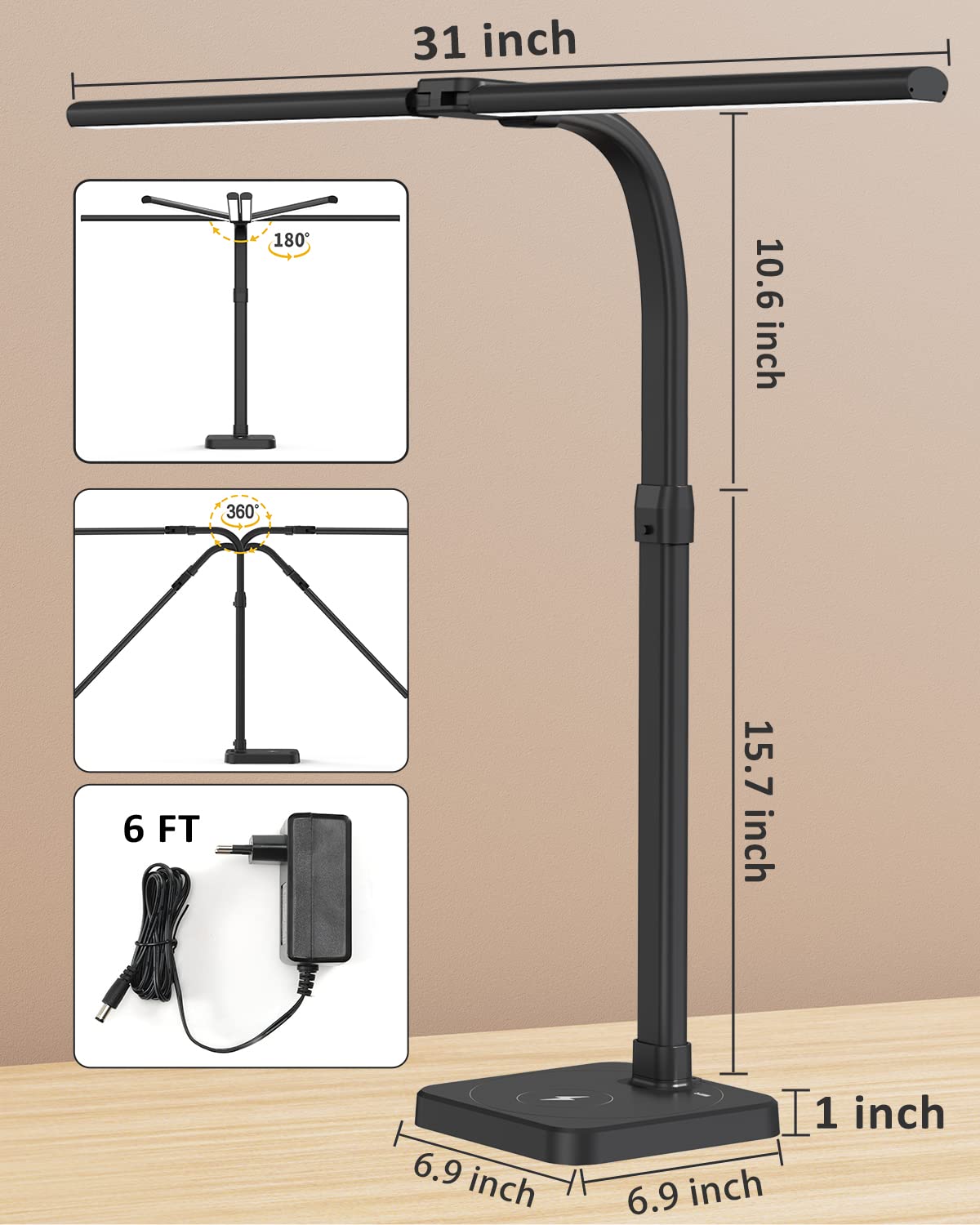 AKRRYR LED Desk Lamp for Home Office, Double Head 24W with Base, Architect Light 5 Lighting Brightness Flexible Gooseneck Table Reading Study, Black