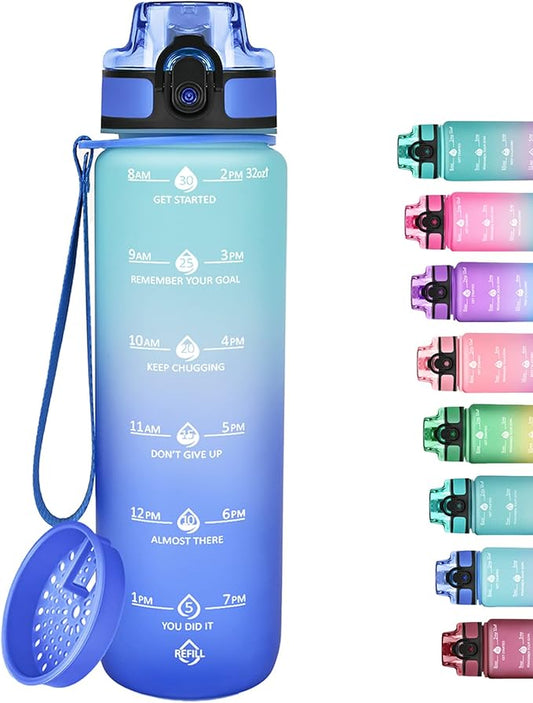 GOSWAG 32oz Motivational Water Bottles with Time Marker and Fruit Strainer, Sports Water Bottle with Times to Drink, Leakproof, Reusable Plastic Bottle with Strap no Straw for Gym, School