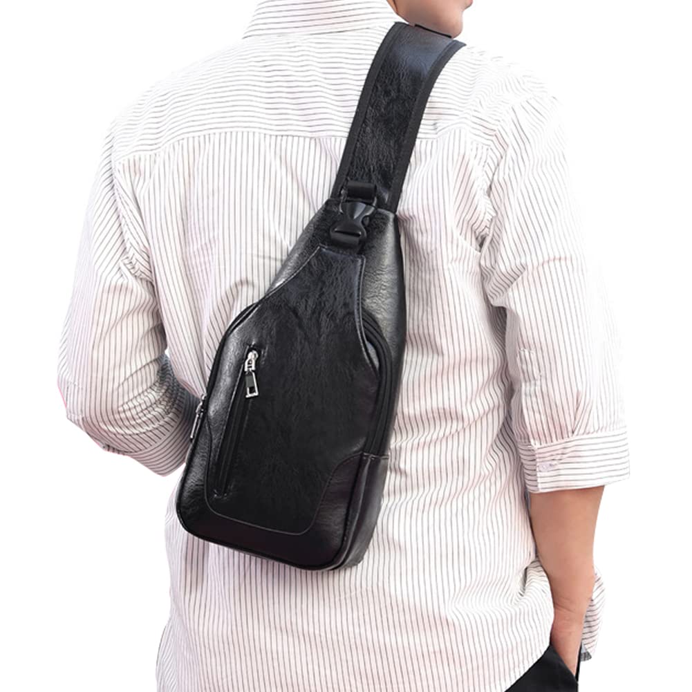 Peicees Leather Sling Bag Mens Crossbody Bag Chest Bag Sling Backpack for Men with USB Charge Port
