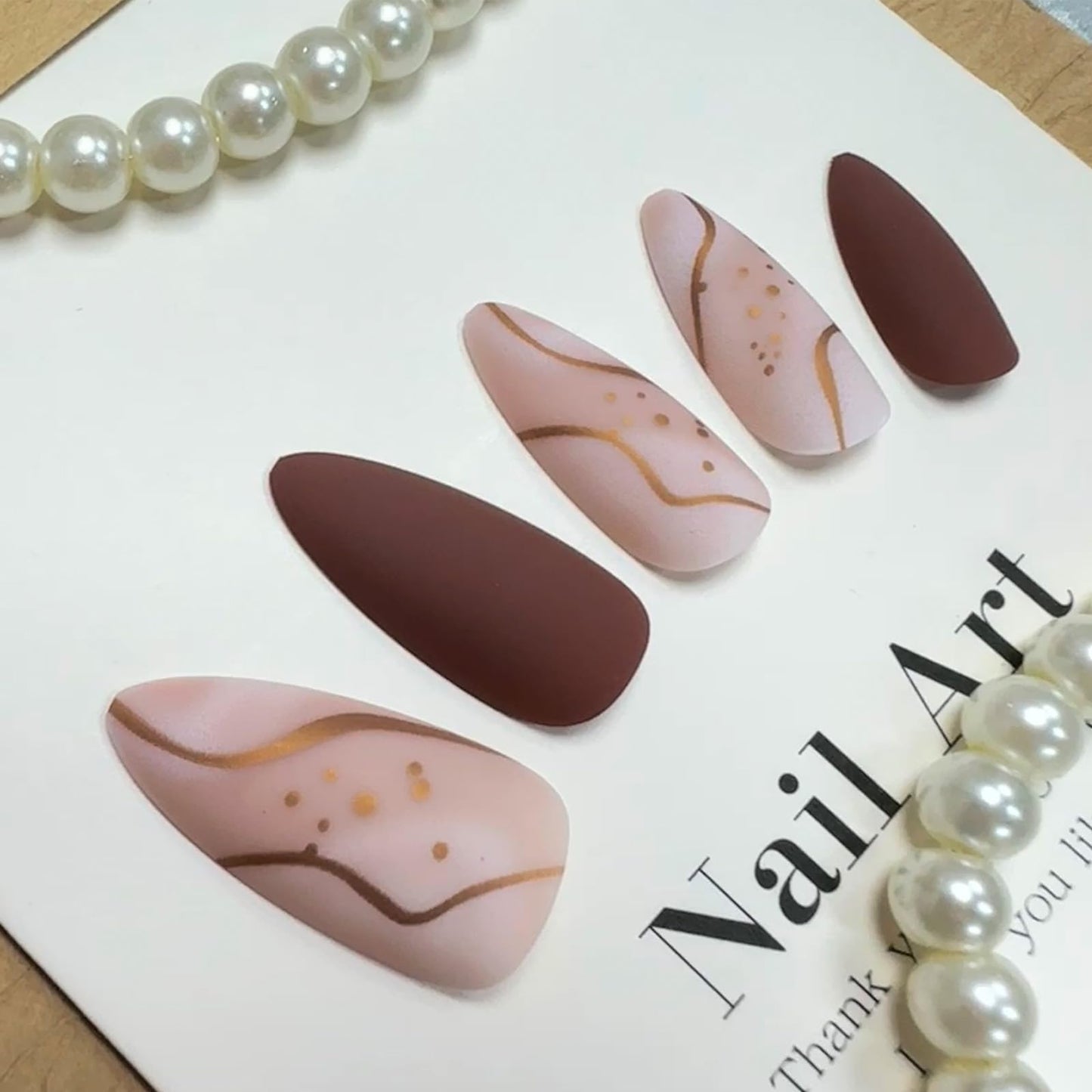 Almond Press on Nails Medium Fake Nails with Designs Brown False Nails Press ons Gold Line Acrylic Glue on Nails Matte Full Cover Cute Artificial Stick on Nails for Women Nails Decorations 24Pcs