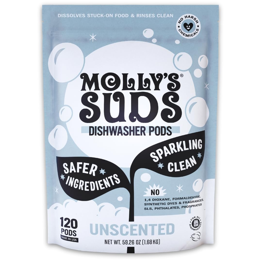 Molly's Suds Dishwasher Pods | Clean Dishwasher Detergent, Cuts Grease & Rinses Clean (Residue-Free) for Sparkling Dishes | 60 Auto-Release Tabs (Citrus)