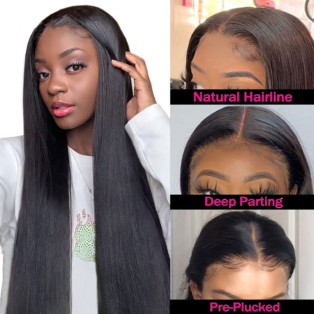 AHUFALU Straight Lace Front Wigs Human Hair Glueless Wigs for Black Women 13x4 HD Lace Wigs Human Hair Bleached Knots with Baby Hair Straight Wig Human Hair 150% Density 18 Inch