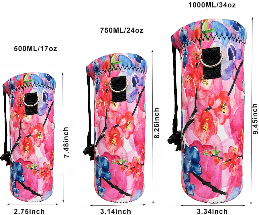 RICHEN Neoprene Water Bottle Carrier Bag with Adjustable Shoulder Strap,Insulated Water Bottle Cover for 500ml/16oz Stainless Steel/Glass/Plastic Bottles (Watercolor Flowers,500ML)