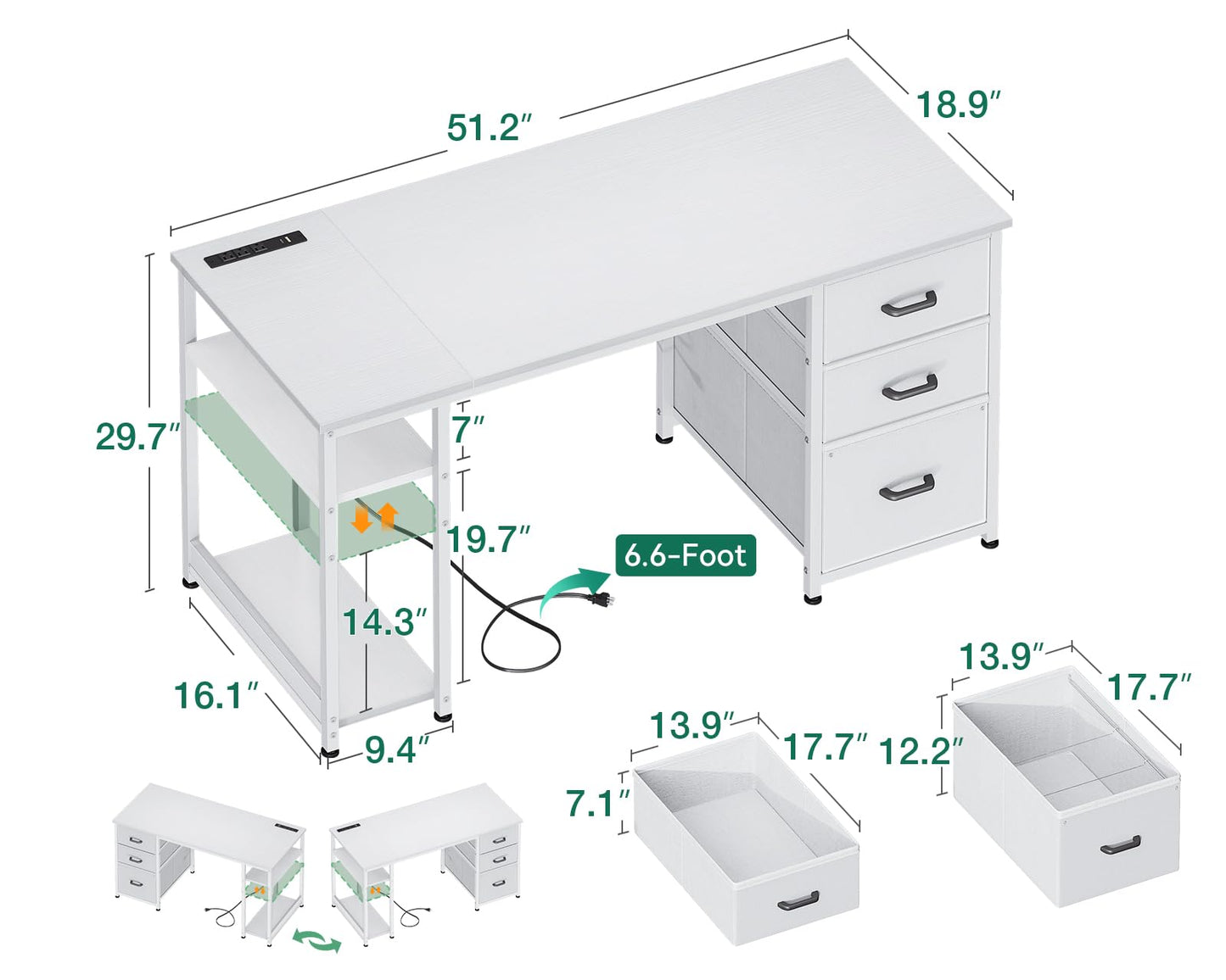 AODK 51 Inch Computer Desk with File Drawers - Reversible Home Office Desk with Storage Shelves, Work from Home, Modern Work/Writing/Study Table for Bedroom, White
