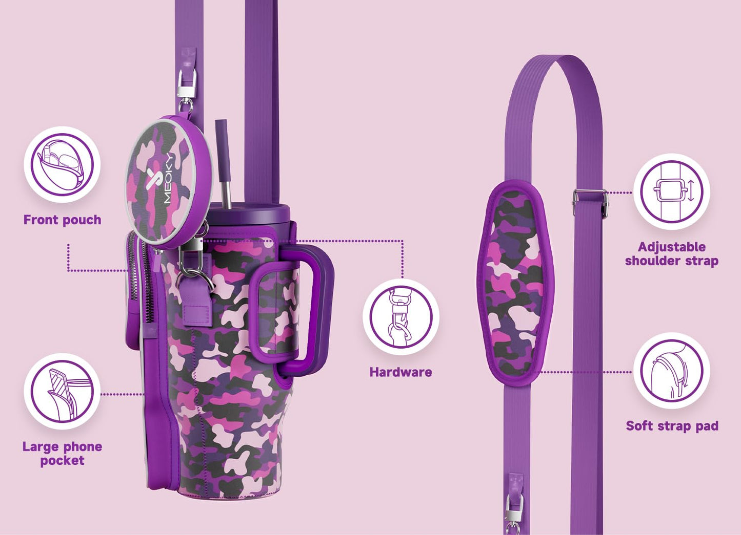 Meoky Water Bottle Carrier Bag with Phone Pocket for 40 oz Tumbler with Handle, Neoprene Water Bottle Holder Pouch with Adjustable Strap, 2 Carabiner Clips (Purple Mix)
