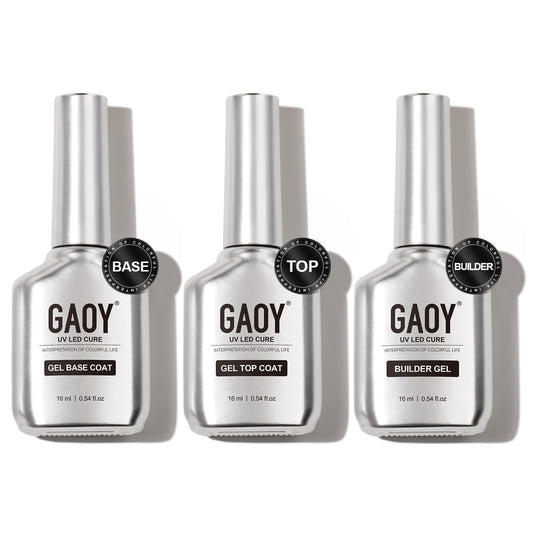 GAOY Gel Top Coat, Builder Gel and Base Coat Set, 3 Pcs 16ml Clear Glossy No Wipe Combination for UV Light Cure Gel Nail Polish