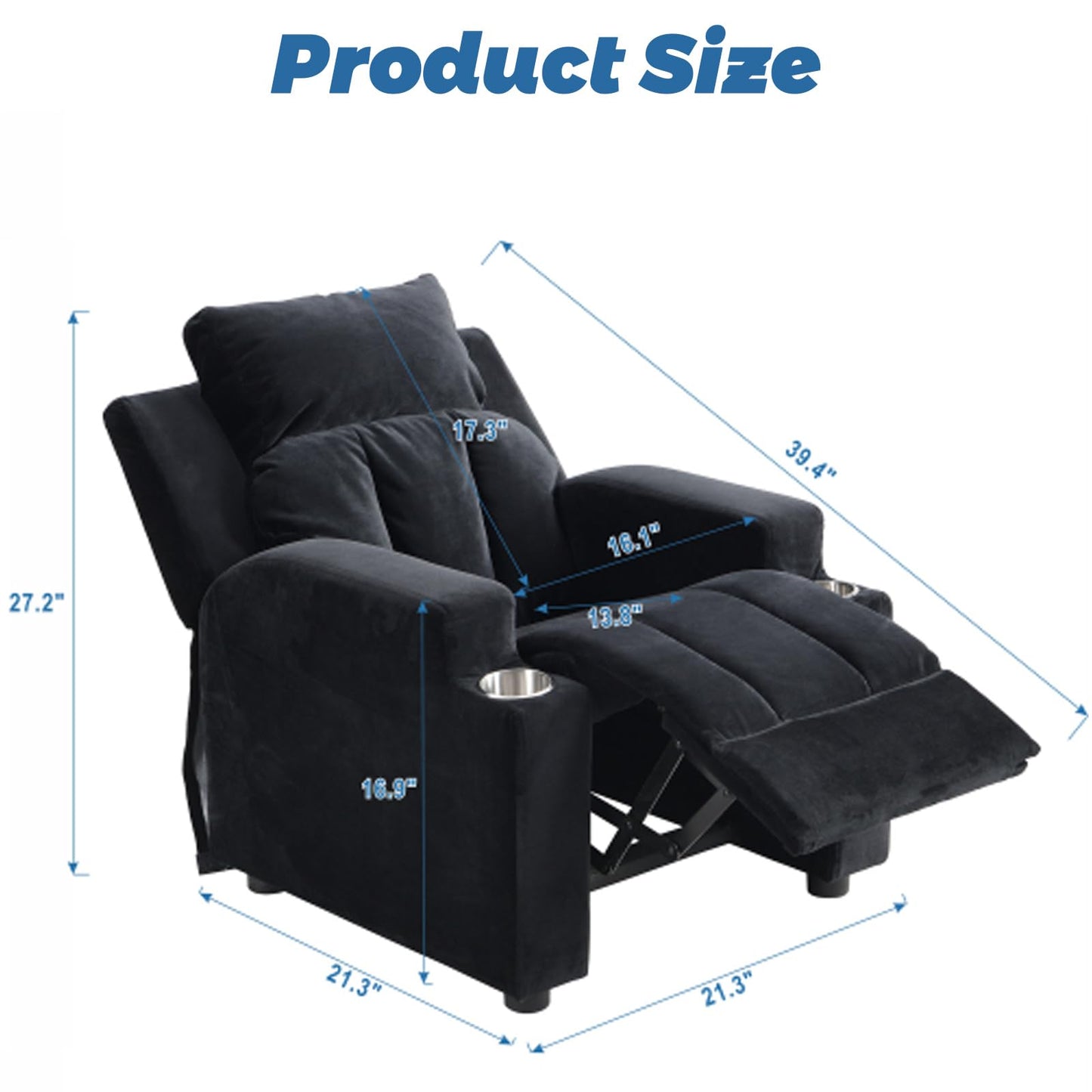 Anwick 2-in-1 Kids Recliner Chair with Cup Holder, Velvet Upholstered Single Sofa with Adjustable Footrest & Backrest, Toddler Recliners for Boys and Girls (Black)