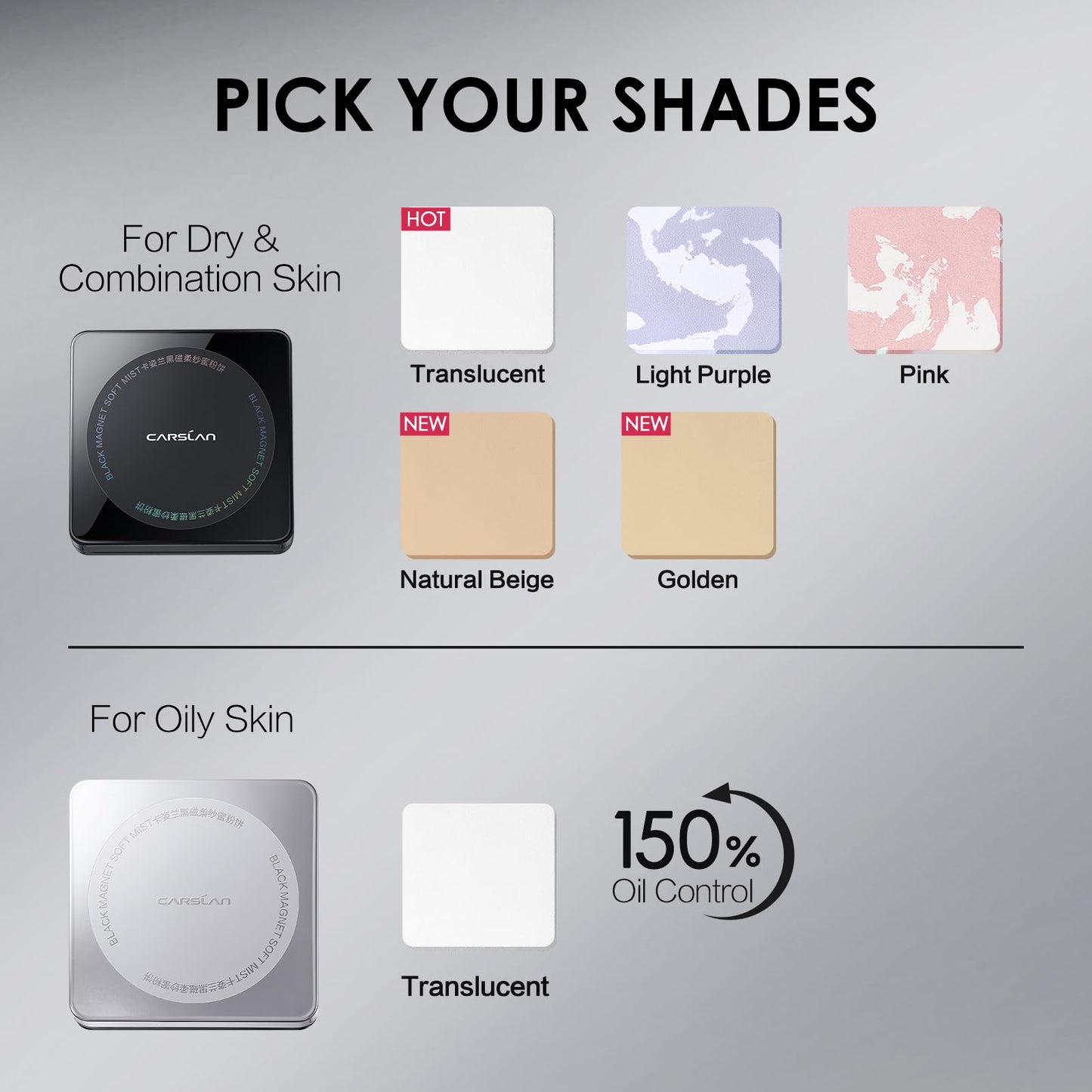 CARSLAN Oil Control Face Pressed Powder Compact, 24H Longlasting Waterproof Pressed Setting Powder Foundation Makeup, Shine Free, Poreless, Smooth, 01 Natural Beige for dry skin (0.28Oz)