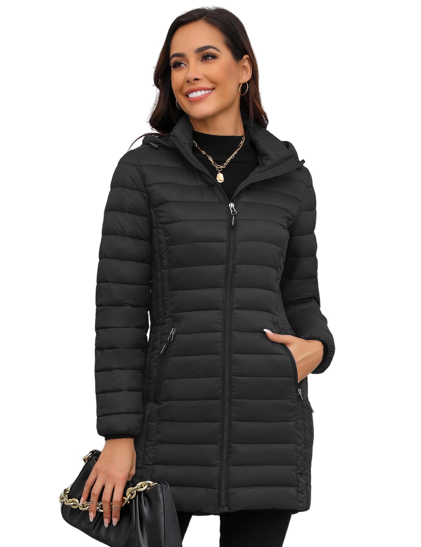 ANOTHER CHOICE Women Ultra-light Puffer Jacket, Winter Puffey Jacket with Detachable Hood Stretchy Panel Rollable Black M