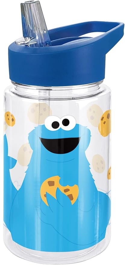 LOGOVISION Sesame Street Kids Tritan Plastic Water Bottle with Straw Lid and Handle, Reusable Tumbler for Toddlers, Unisex for Girls and Boys, 12oz, Big Cookie Monster
