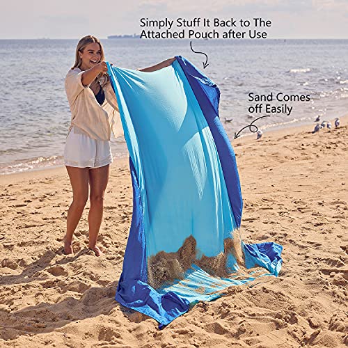 Wekapo Beach Blanket Sandproof, Beach Mat, Big & Compact Sand Free Mat Quick Drying, Lightweight & Durable with 6 Stakes & 4 Corner Pockets, Standard (1~3 person)