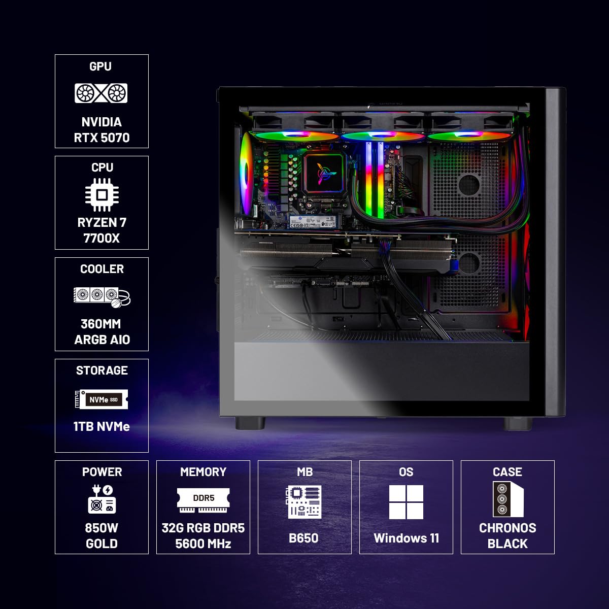 Skytech Gaming Chronos 3 Desktop PC, Ryzen 7 7700X 4.5 GHz (5.4GHz), NVIDIA RTX 5070 12GB, 1TB NVMe SSD, 32GB DDR5 RAM 5600 RGB, 850W Gold PSU, 360mm ARGB AIO, Wi-Fi, Win 11