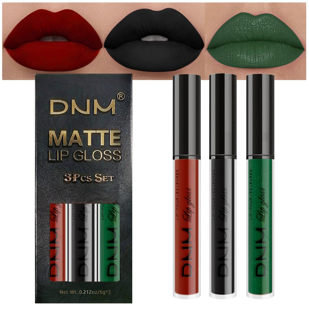AMY'S DIARY Dark Red Green Black Matte Plum Liquid Lipstick 3Pcs Sets,224-hour Lipstick Long Lasting Permanent L Magic Lipstick Waterproof Lip Stain 24 Smudge Waterproof for Women (Set20)