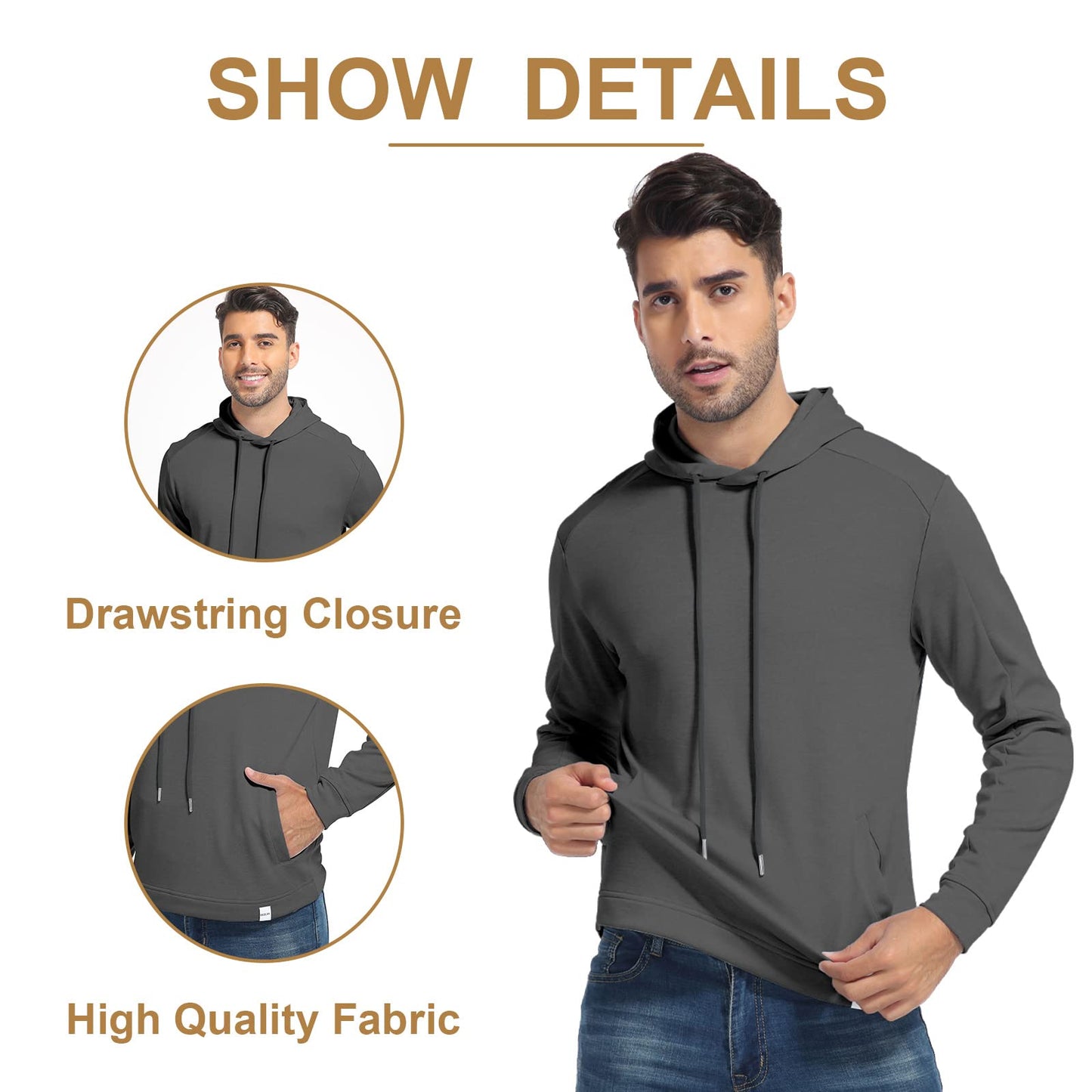 DEOLAX Mens Hoodies Pullover Sport Sweatshirt Men Hoodies Pullover Lightweight Comfortable Slim-Fit Sweatshirts for Men Heather Charcoal