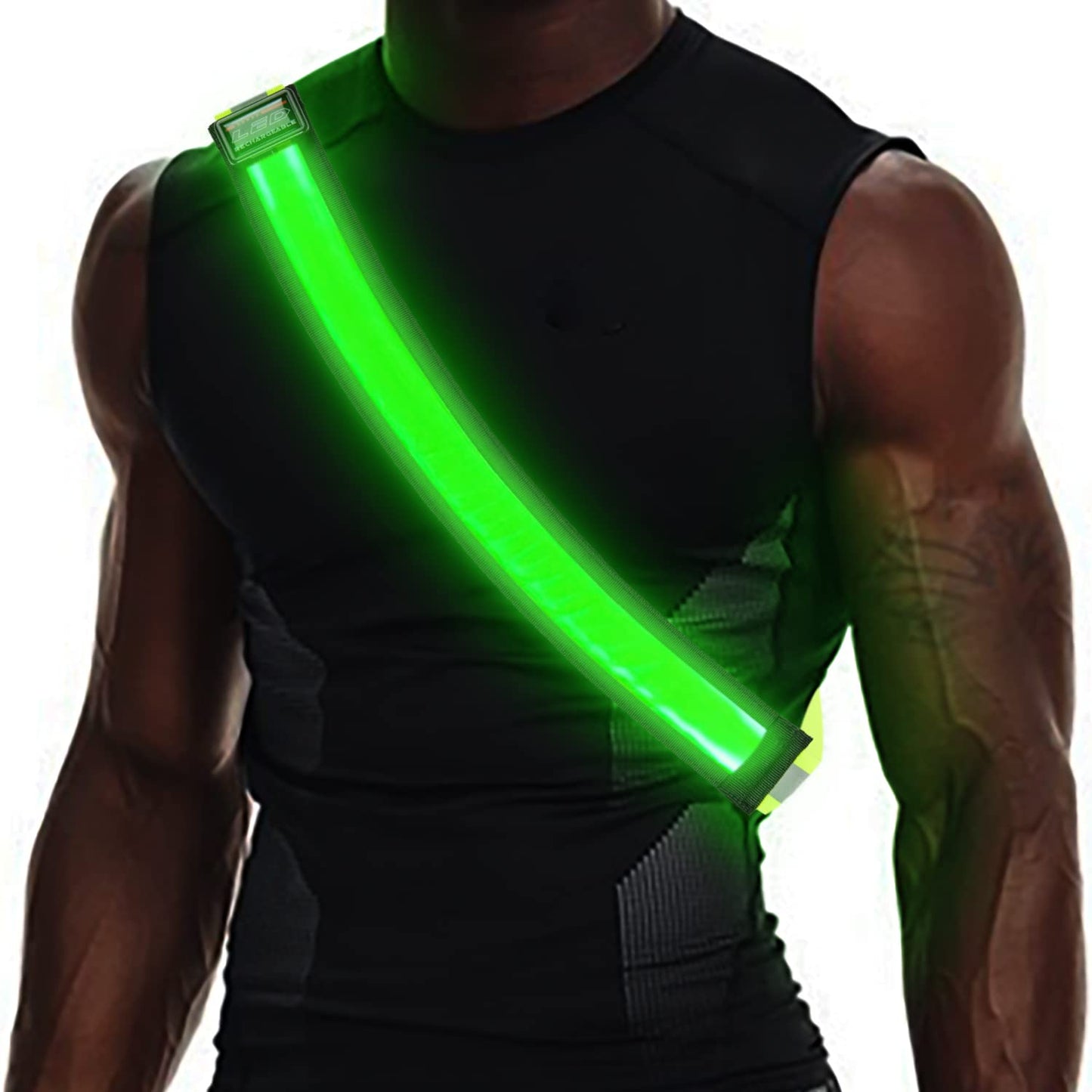 OLIKER LED Reflective Running Gear,High Visibility Reflective Belt Sash with Safety Light,USB Rechargeable Adjustable Size Night Reflective Accessories for Night Outdoor Sports Running Walking (Green)