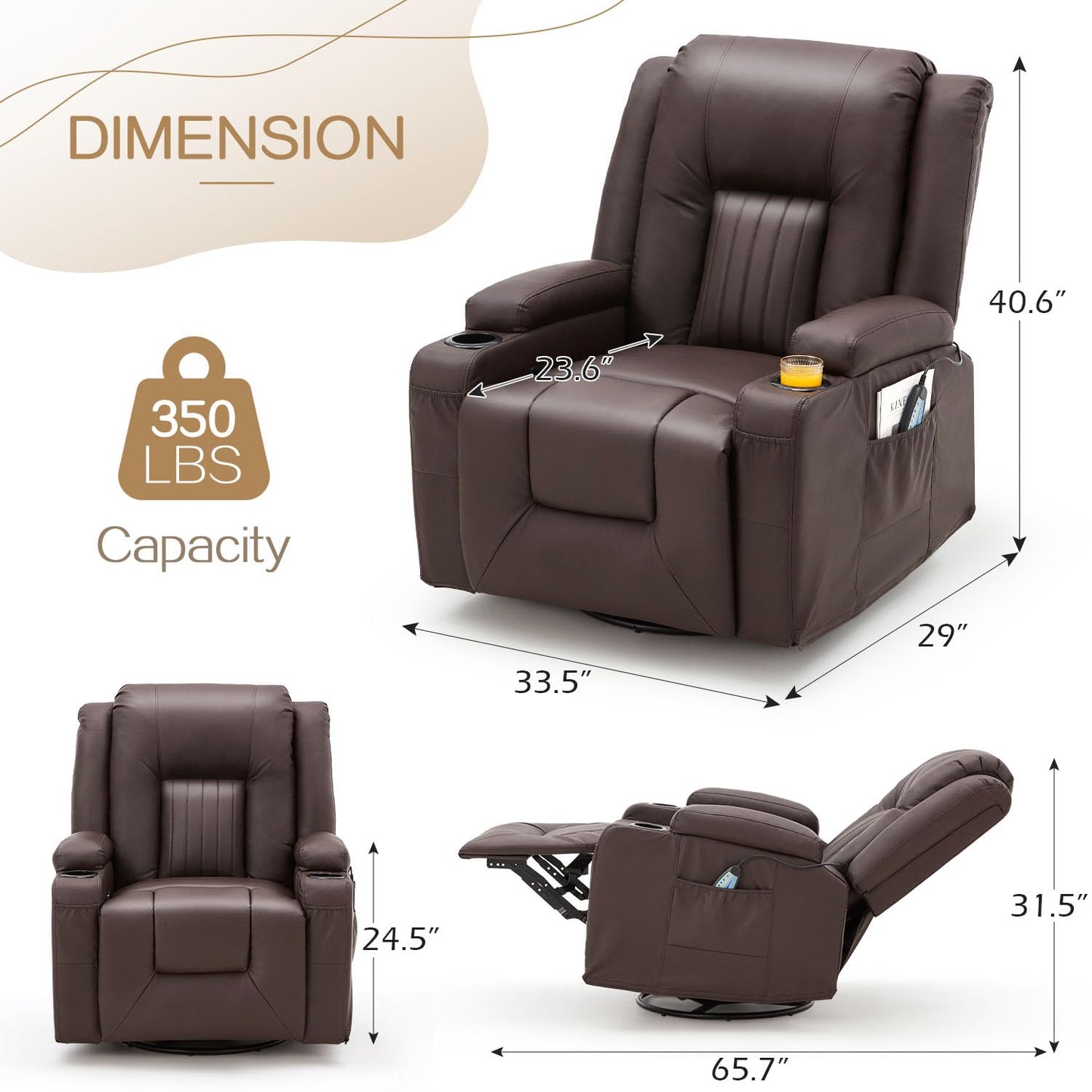 YODOLLA Massage Manual Recliner Chair with Heat, Leather Rocking Swivel Recliner Lazy Boy Recliner Chair w/ 2 Side Pockages, 2 Cup Holders for Living Room, RV, Brown