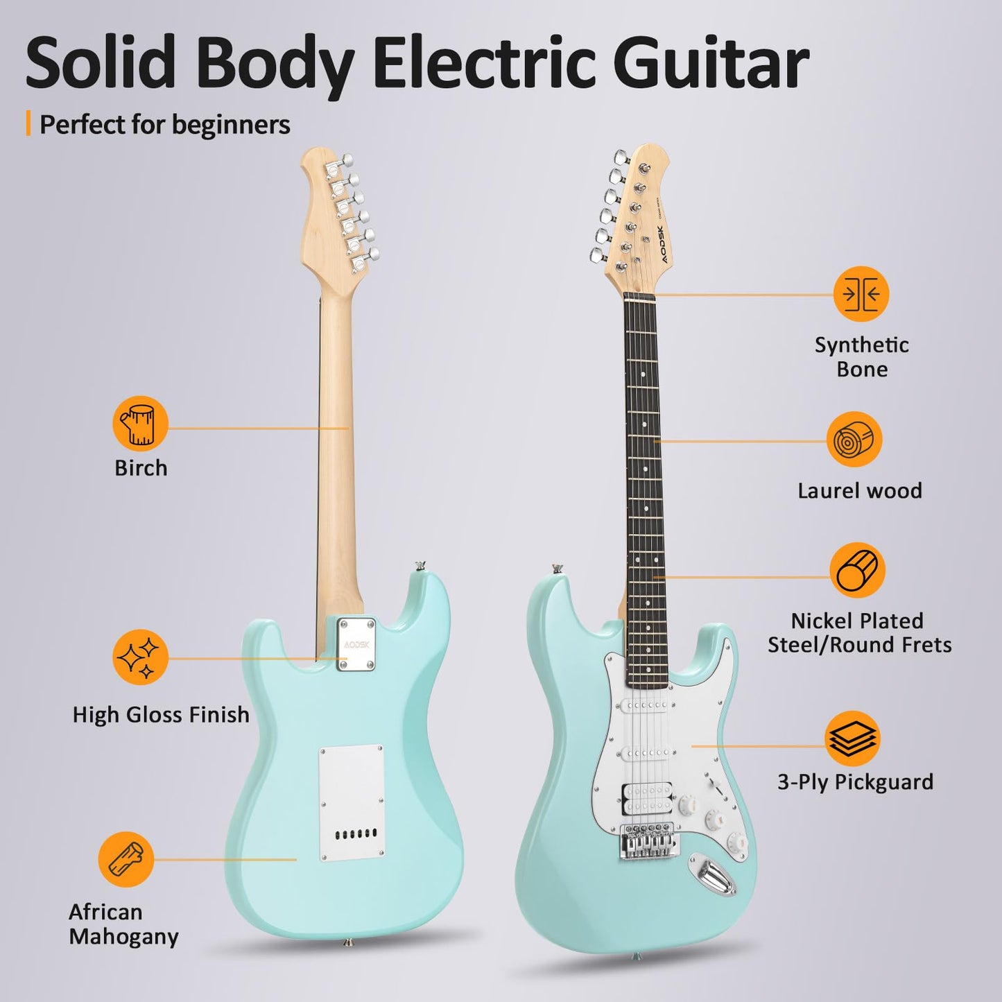 AODSK Electric Guitar with Amp Beginner Kit 39 Inch Solid Body Full Size,All Accessories,Digital Tuner,Six Strings,Four Picks,Tremolo Bar,Strap,Gig Bag,Starter kit (Blue-HSS)