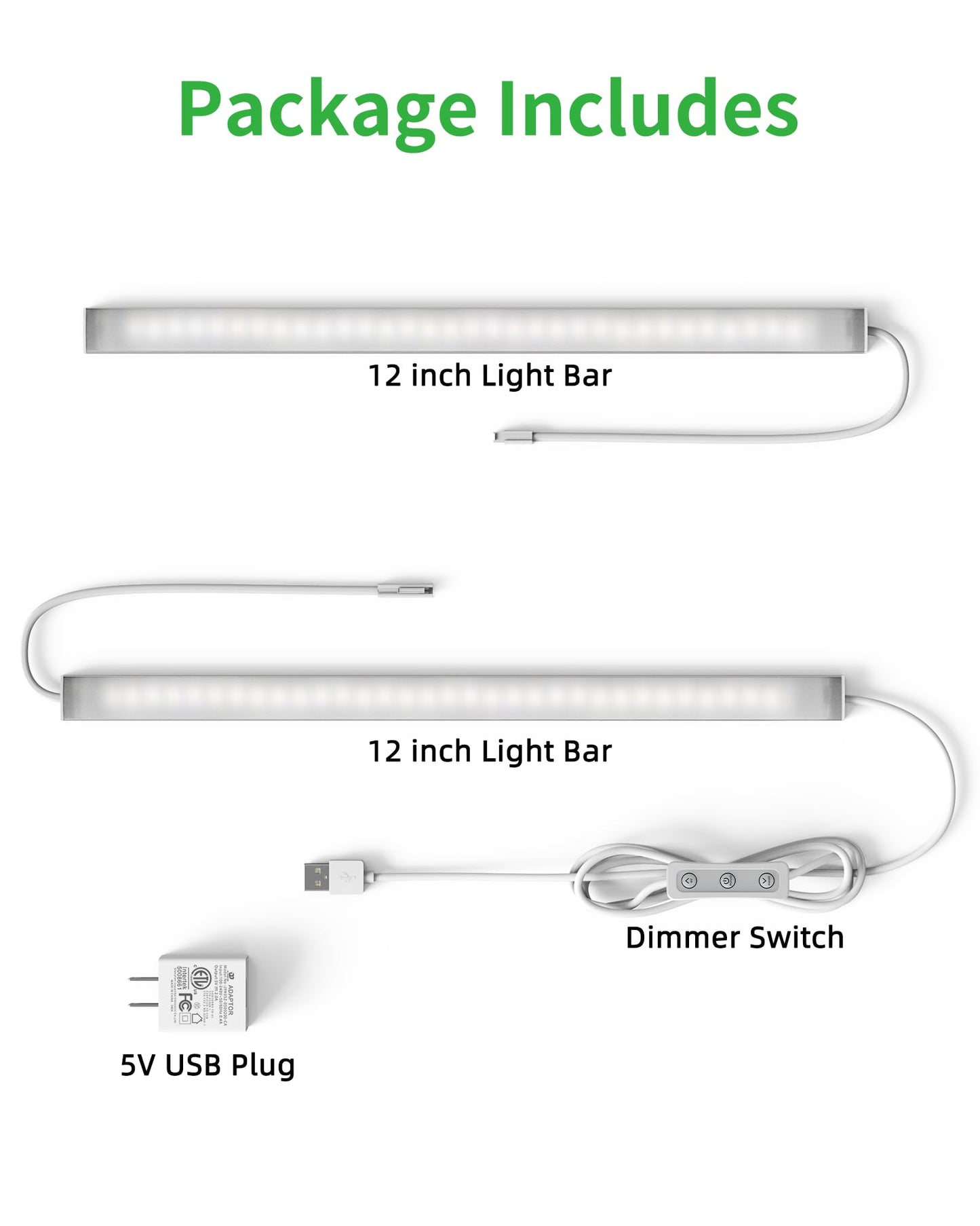Vovamo Plug-in Under Cabinet Lighting, Dimmable Under Counter Lights for Kitchen, 2pcs 12 Inch, Warn White 3000K Linkable USB Led Closet Light, Wired Indoor Night Lights Bar for Desk,Sink,Workbench
