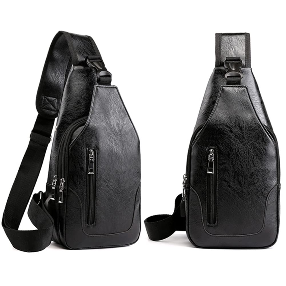 Peicees Leather Sling Bag Mens Crossbody Bag Chest Bag Sling Backpack for Men with USB Charge Port