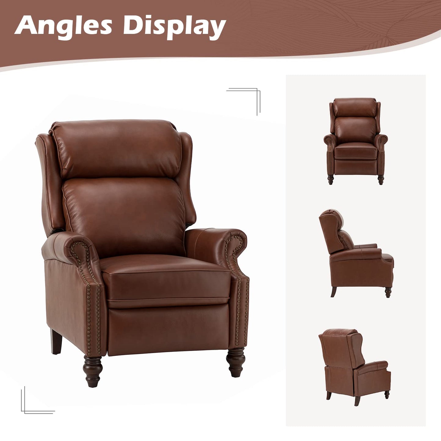 HULALA HOME Genuine Leather Recliner Chair, Traditional Manual Pushback Comfy Seating for Living Room, Thick Cushion & Solid Wood Legs, Wingback Recliner with Nailhead Trim, Brown