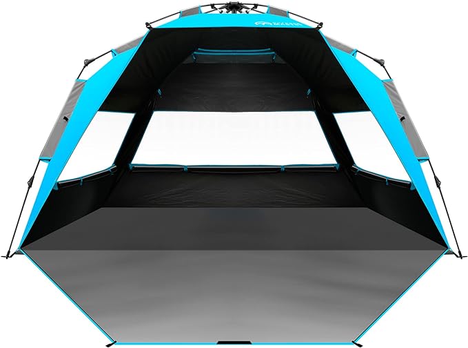 OutdoorMaster Beach Tent with Blackout Shelter Technology, Portable Beach Shade Sun Shelter Canopy for 4-6 Person with UPF 50+ UV Protection, Easy Setup Pop Up Tent Family Size