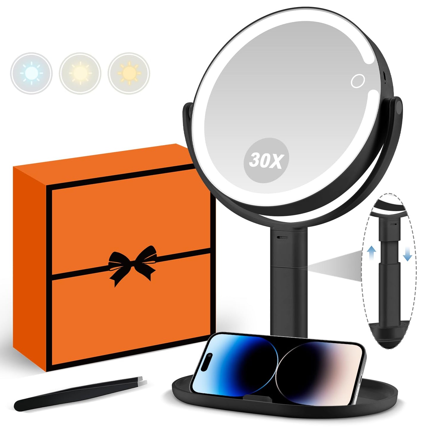 MIYADIVA Makeup Mirror with Lights, 30X Magnifying Mirror with Light and Touch Switch, Vanity Mirror with 3 Color Light and 80 LEDs, Height Adjustable Desk Mirror with Light, Black
